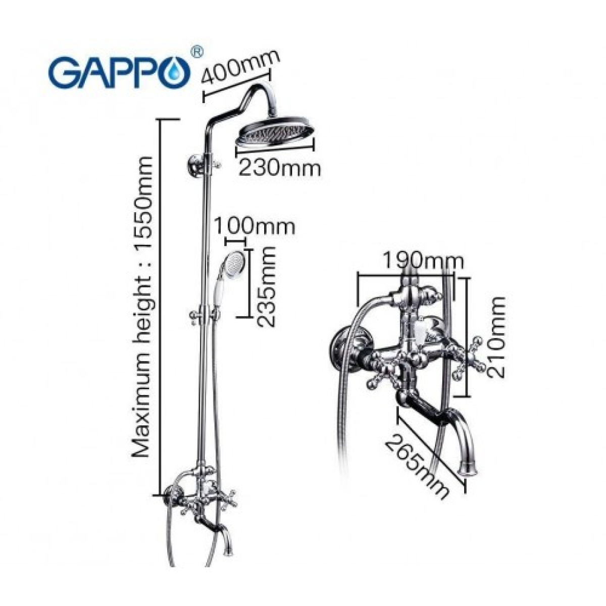 Душевая система с верхним душем, смесителем и ручной лейкой хром gappo g2489